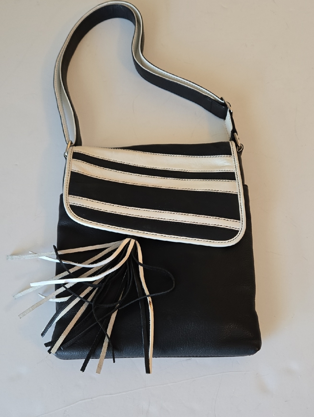 Black and White Tassel Leather Crossbody Bag with Flap